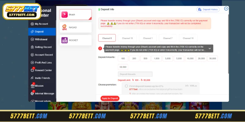 Funding Methods Available on 5777Bet